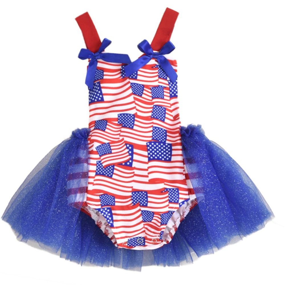 American Flag Glittery Tulle Backless Baby Romper Dress